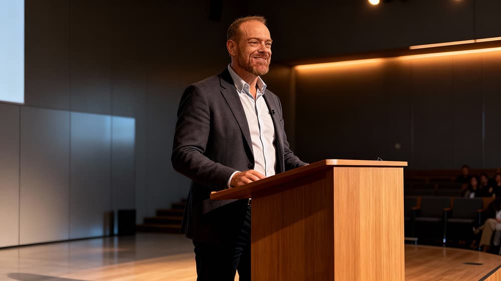 Joel Longie presenting at UX design lecture, sharing expertise in AI and product design