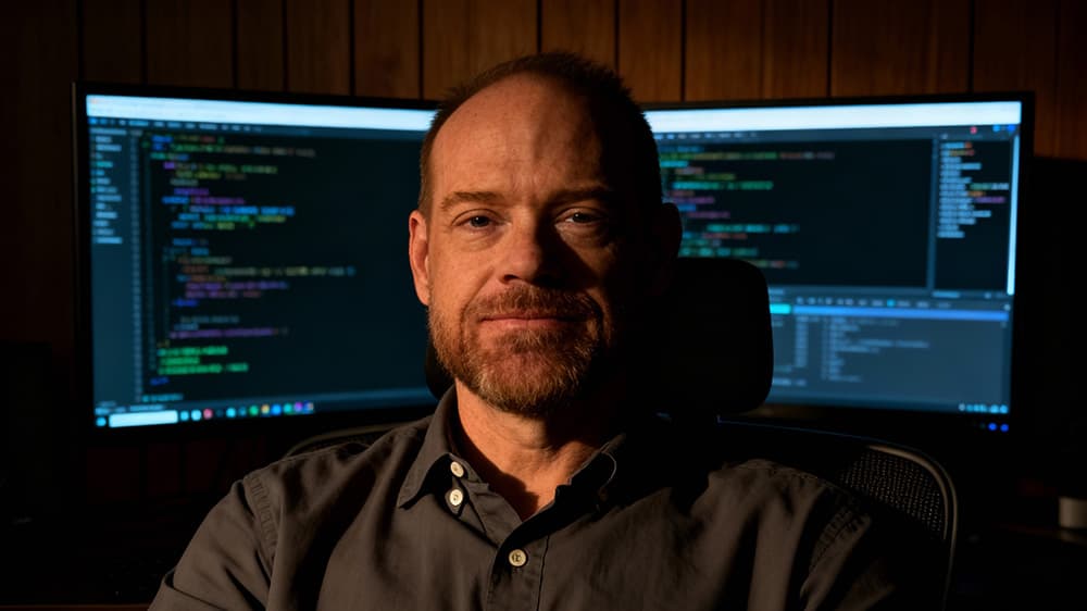 Joel Longie working on UX design projects at computer, creating enterprise AI applications